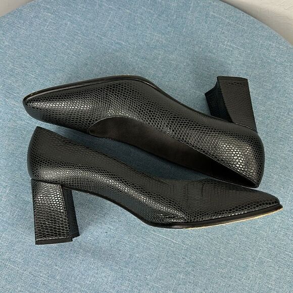 Stuart Weitzman Black Snakeskin Embossed Square Toe Block Heeled Slip On Pumps - Picture 5 of 11